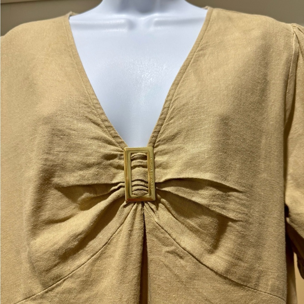 Michael Kors Tan Linen Blend Puff Sleeve Blouse XL Gold Hardware Spring 2024 - Picture 3 of 13